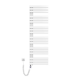 Weißer, elektrischer Emke Badheizkörper 50x159cm, mit Thermostat und Timer, als Handtuchwärmer.