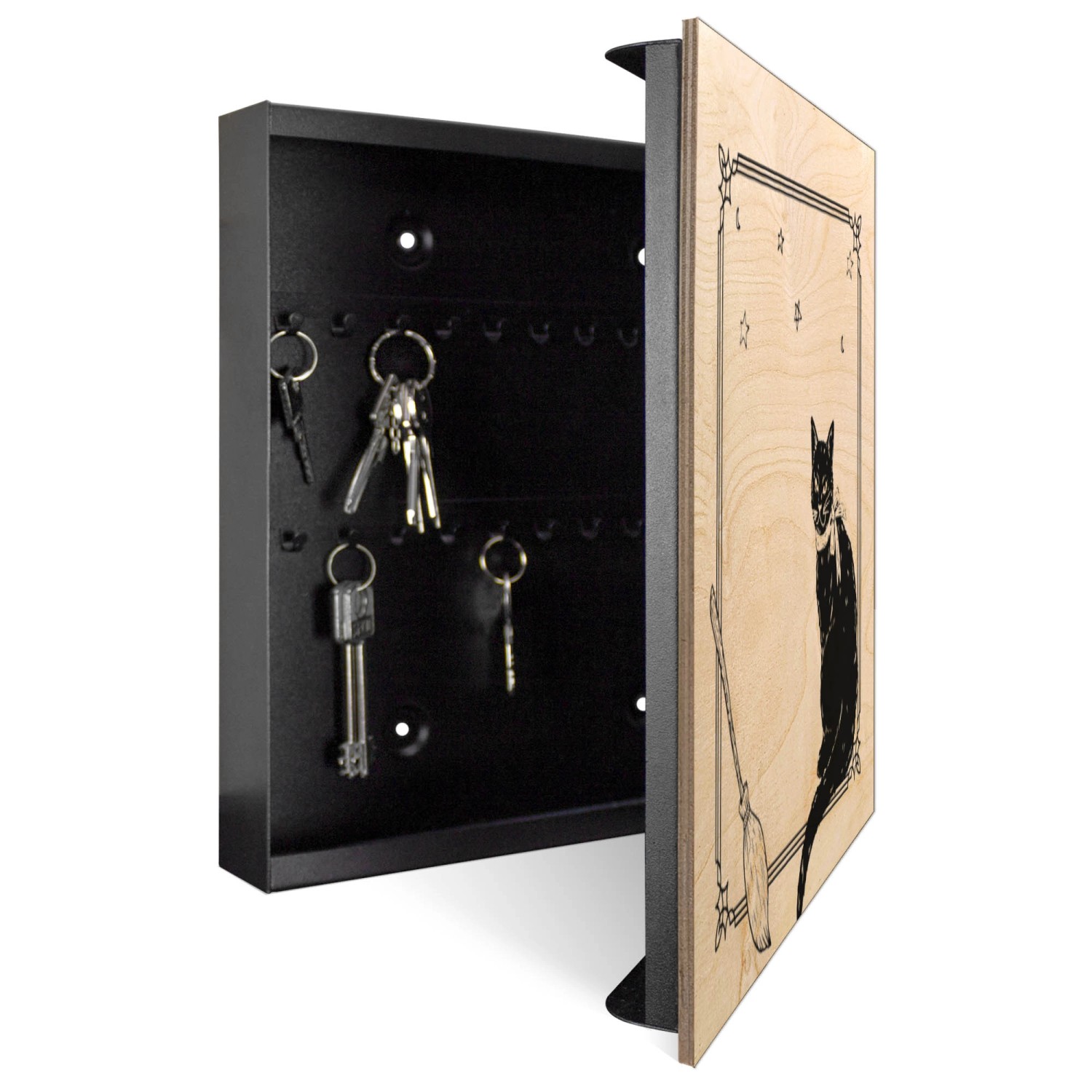 Offener, schwarzer Banjado Schlüsselkasten aus Holz (30x30cm) mit Hexenkater-Motiv auf der Tür.