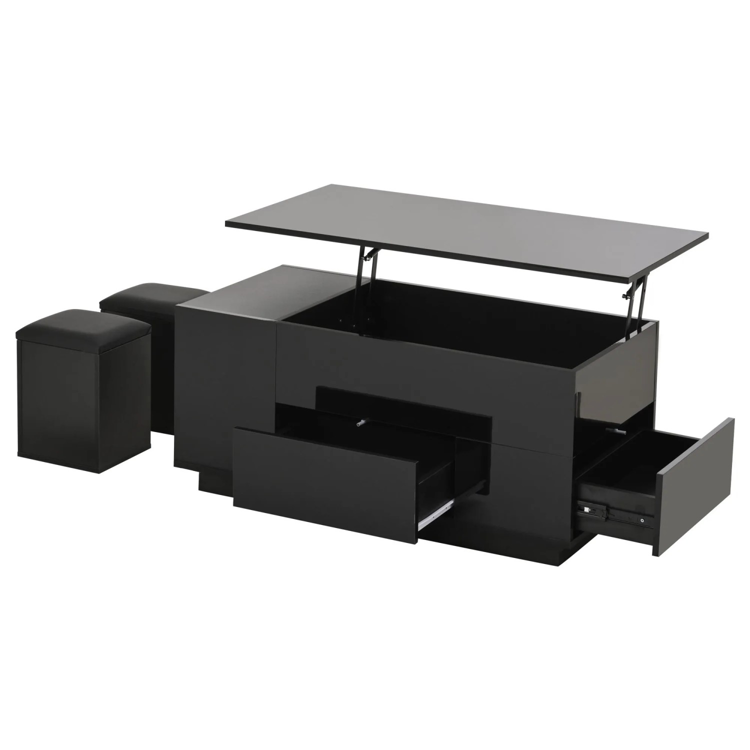 ModernLuxe Couchtisch Höhenverstellbar mit LED 2 Schubladen 2 Hockern Spanplatte Schwarz