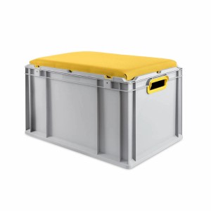Graue Eurobox Sitzbox mit gelbem Sitzkissen, 65 Liter, offene Griffe. Aufbewahrungsbox für Werkstatt, Lager, Keller.