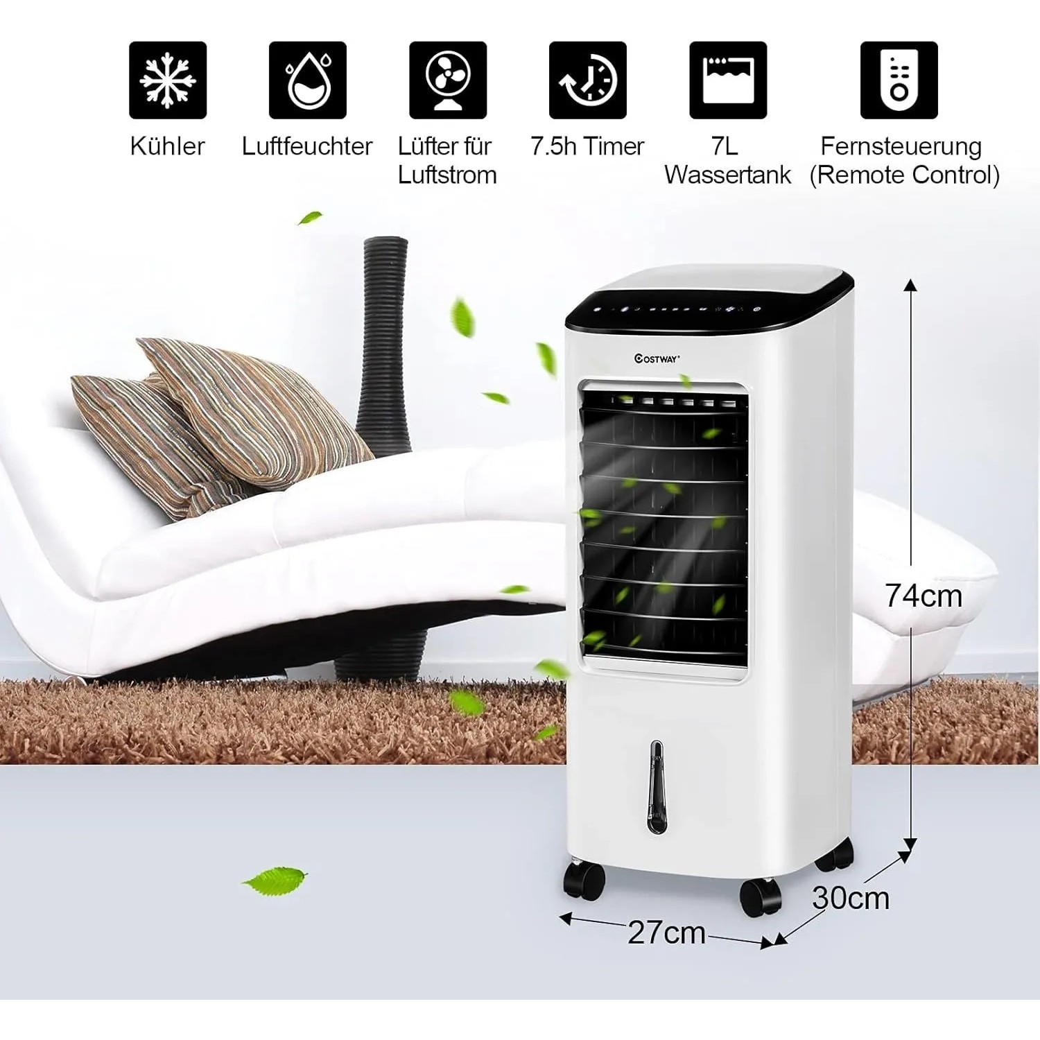 Costway Mobile Klimaanlage Ohne Abluftschlauch 3 In 1 Klimagerät 7 L Wassertank_3