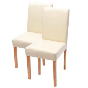 Zwei cremefarbene Esszimmerstühle Littau mit Lederbezug und hellen Massivholzbeinen. Modernes Design, gepolstert.