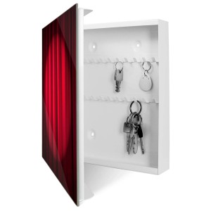 Weißer Schlüsselkasten mit rotem Vorhang Motiv, 30x30cm, mit 50 Haken, beschreibbar und magnetisch.