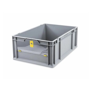 Graue PROREGAL Eurobox mit gelbem Verschluss und Entnahmeöffnung, 44 Liter. Aufbewahrungsbox für Industrie und Gewerbe.