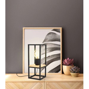 Moderne Eglo Tischleuchte Libertad in Schwarz-Braun mit Holzsockel, 35 cm hoch.