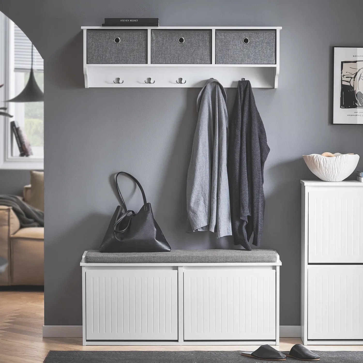 SoBuy Schuhbank FSR98-XL-W mit Sitzkissen und zwei Klappen, weiße Garderobenbank.