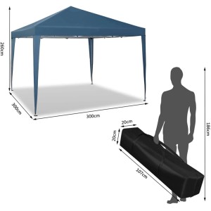 Blauer WOLTU Pop-Up Pavillon 3x3m, wasserdichter Sonnenschutz. Faltpavillon aufgebaut und in kompakter Tragetasche.