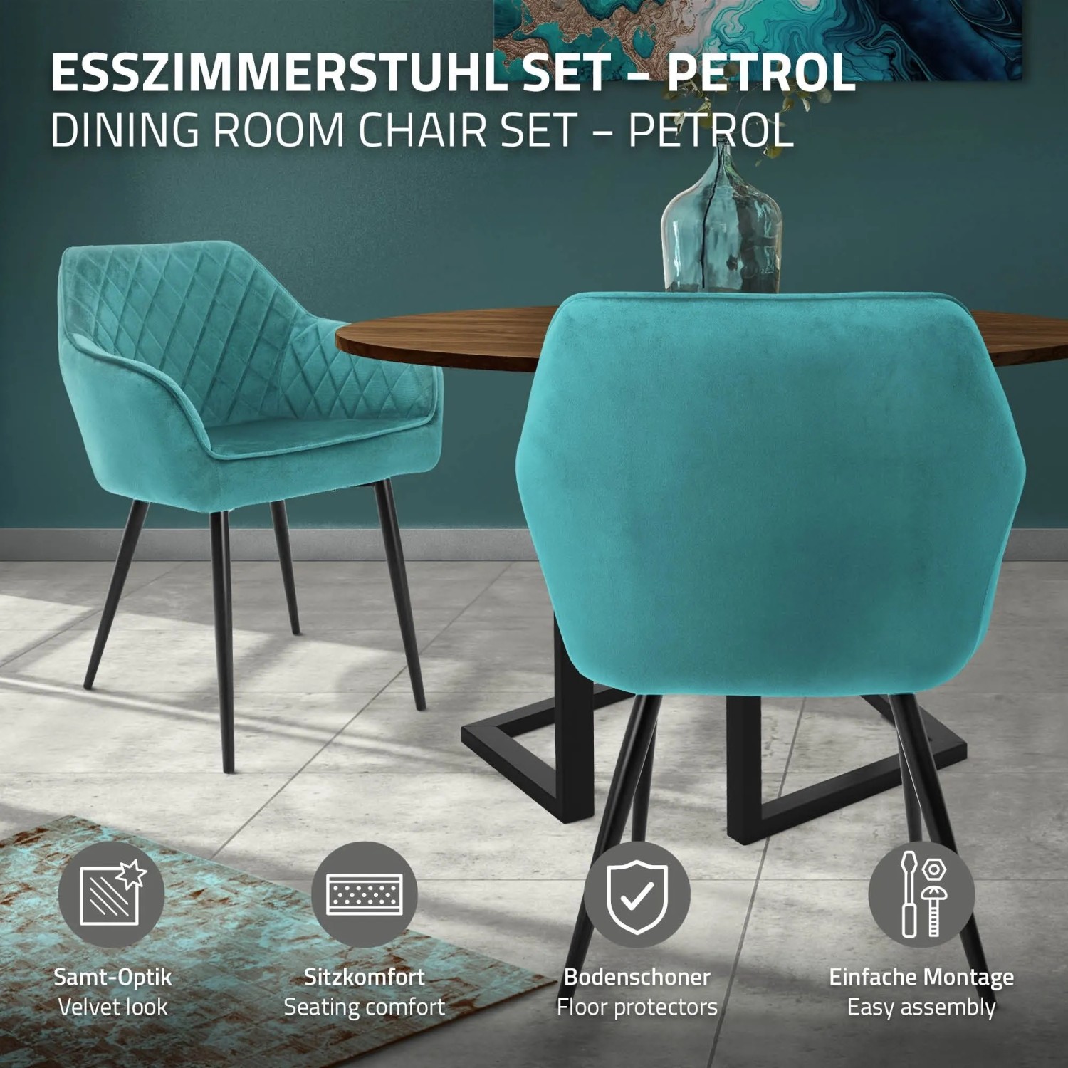 ML-Design Esszimmerstuhl 4er Set mit Armlehne Petrol Samt kaufen bei OBI