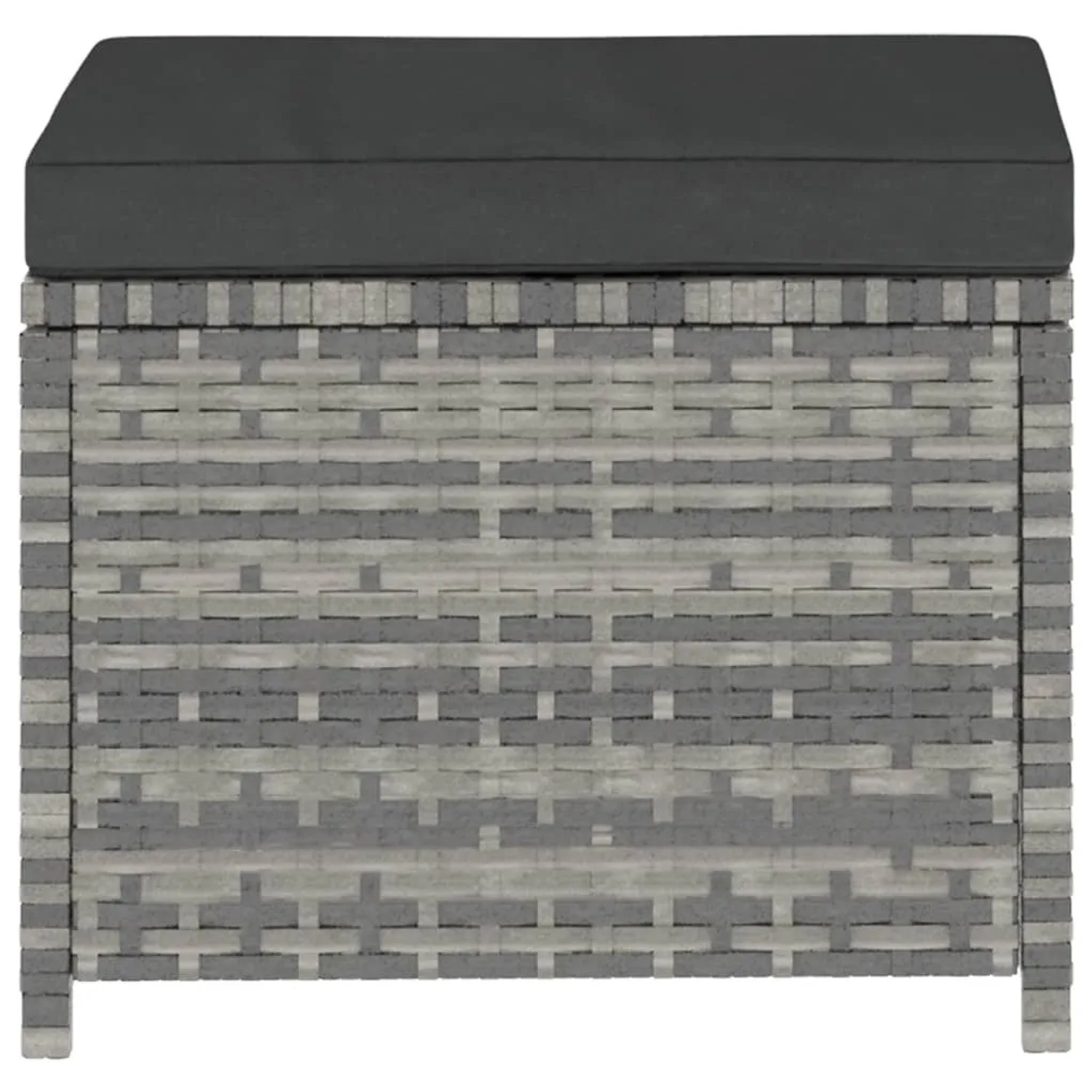 Detailansicht Hocker des grauen vidaXL Garten-Lounge-Sets aus Rattan mit dunkler Auflage.