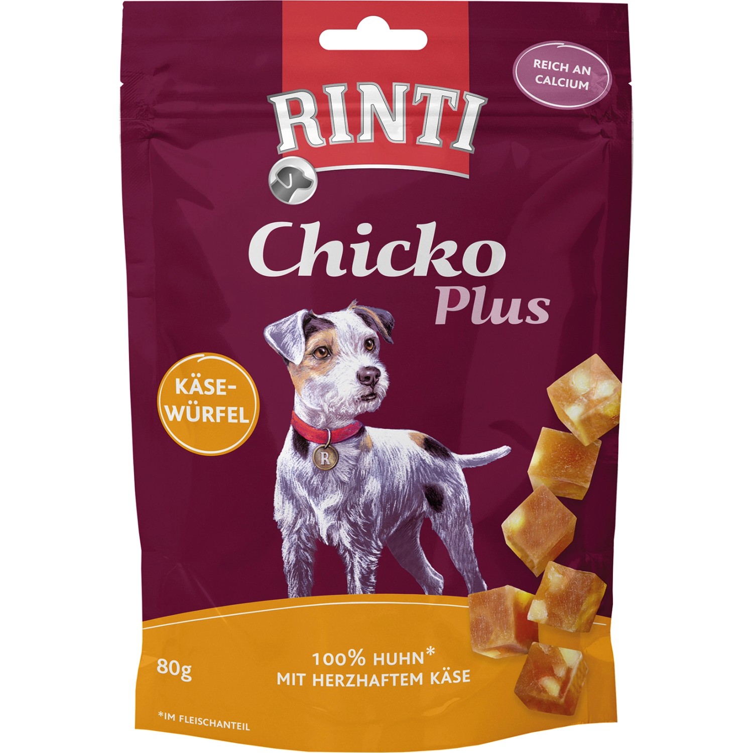 Rinti Hunde-Natursnacks Chicko Plus Käsewürfel mit Huhn 80 g