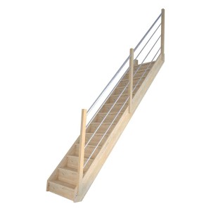 StarWood Treppe Korfu Fichte, gerade, mit Holz-Edelstahl-Geländer rechts und Setzstufen.