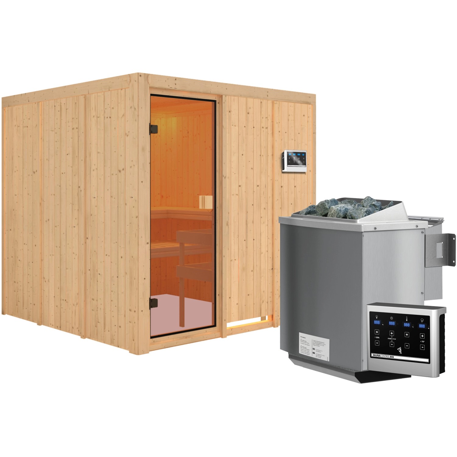 Karibu Sauna Oulu inkl. 9 kW Bio-Ofen mit ext. Strg., Glastür Bronziert