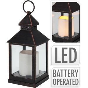 Laterne mit LED-Kerze, 23 cm, gebürstet Kupfer-Schwarz, mit Timer für Weihnachtsdeko.