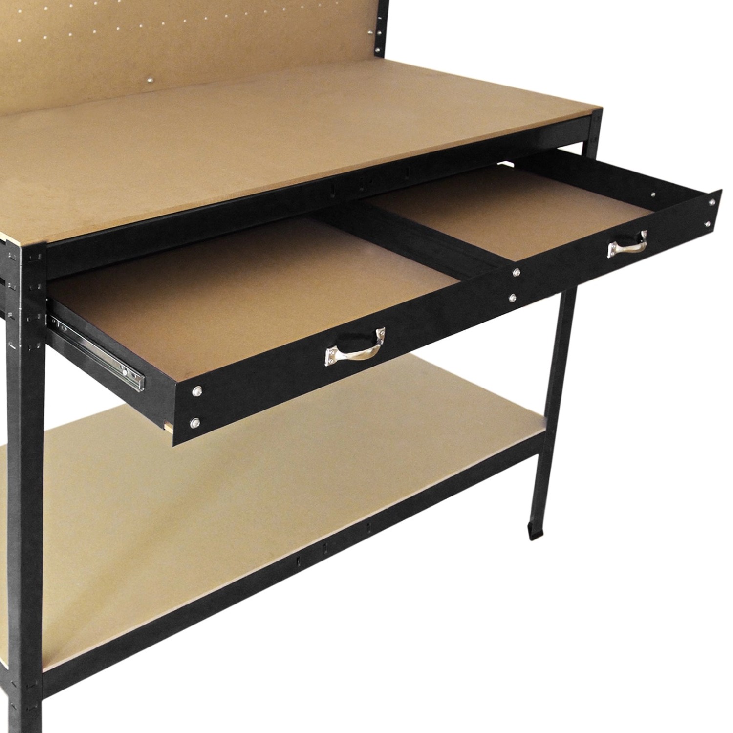 Schwarze Monstershop Werkbank mit Schublade und Stecktafel, Detailansicht der Schublade.