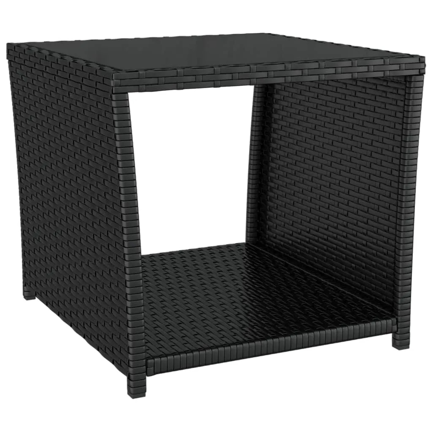 Schwarzer vidaXL Gartentisch aus Rattan und Stahl mit Glasplatte, Teil des 3-tlg. Lounge-Sets.