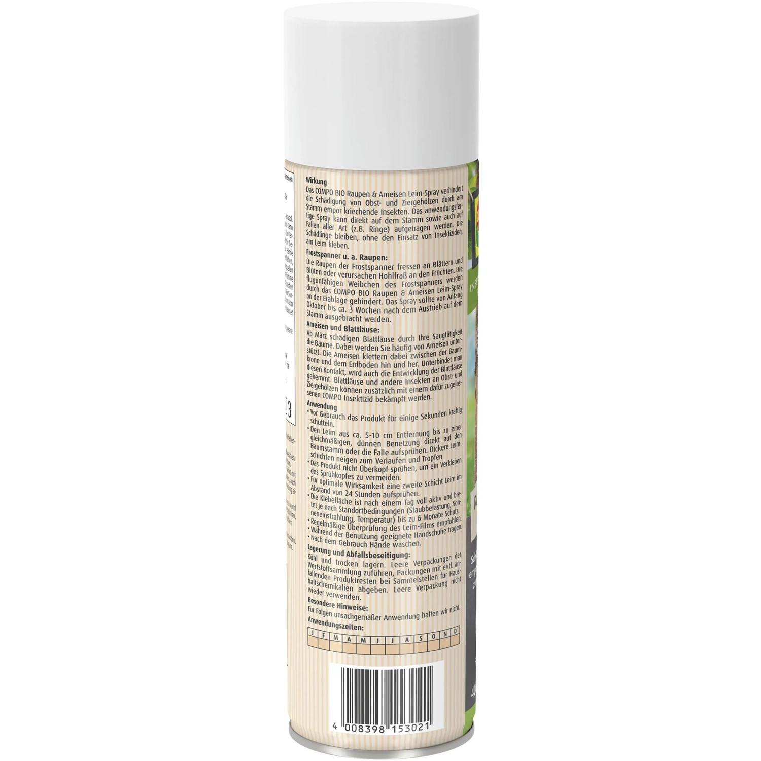 Compo Bio Raupen & Ameisen Leim Spray 400 ml, weiße Sprühdose mit beigem Etikett und Produkttext auf der Rückseite.