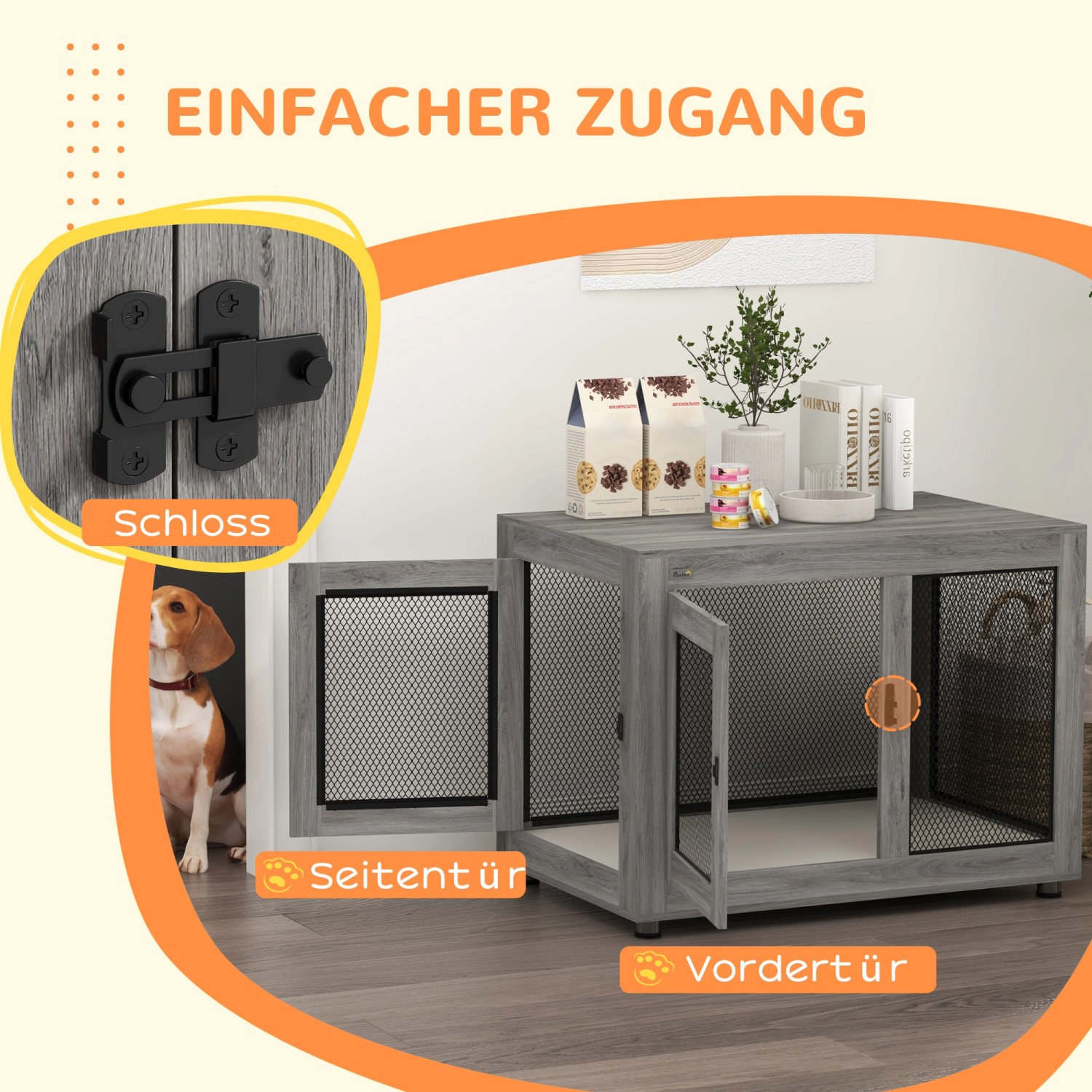 Grauer PawHut Hundekäfig aus Stahl und Holz mit zwei Türen und Gittereinsätzen.