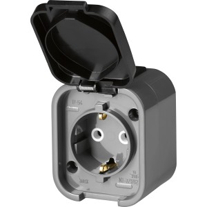 Graue Feuchtraum-Steckdose 1-fach IP54 mit geöffnetem Klappdeckel für Aufputzmontage.