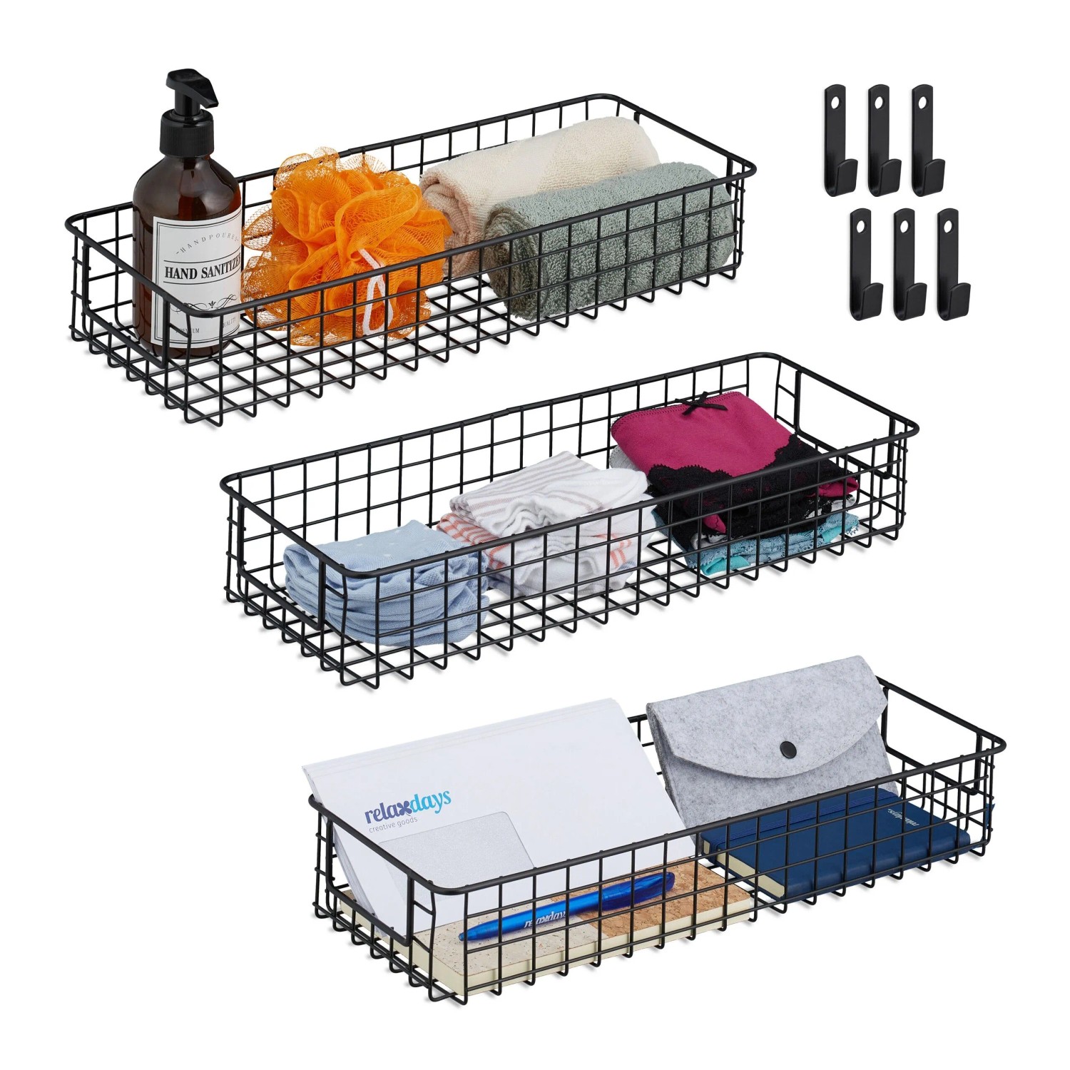 Relaxdays Drahtkorb 3er Set Eisen Schwarz Aufhängbar 7,5 cm x 41 cm x 16 cm 430 g