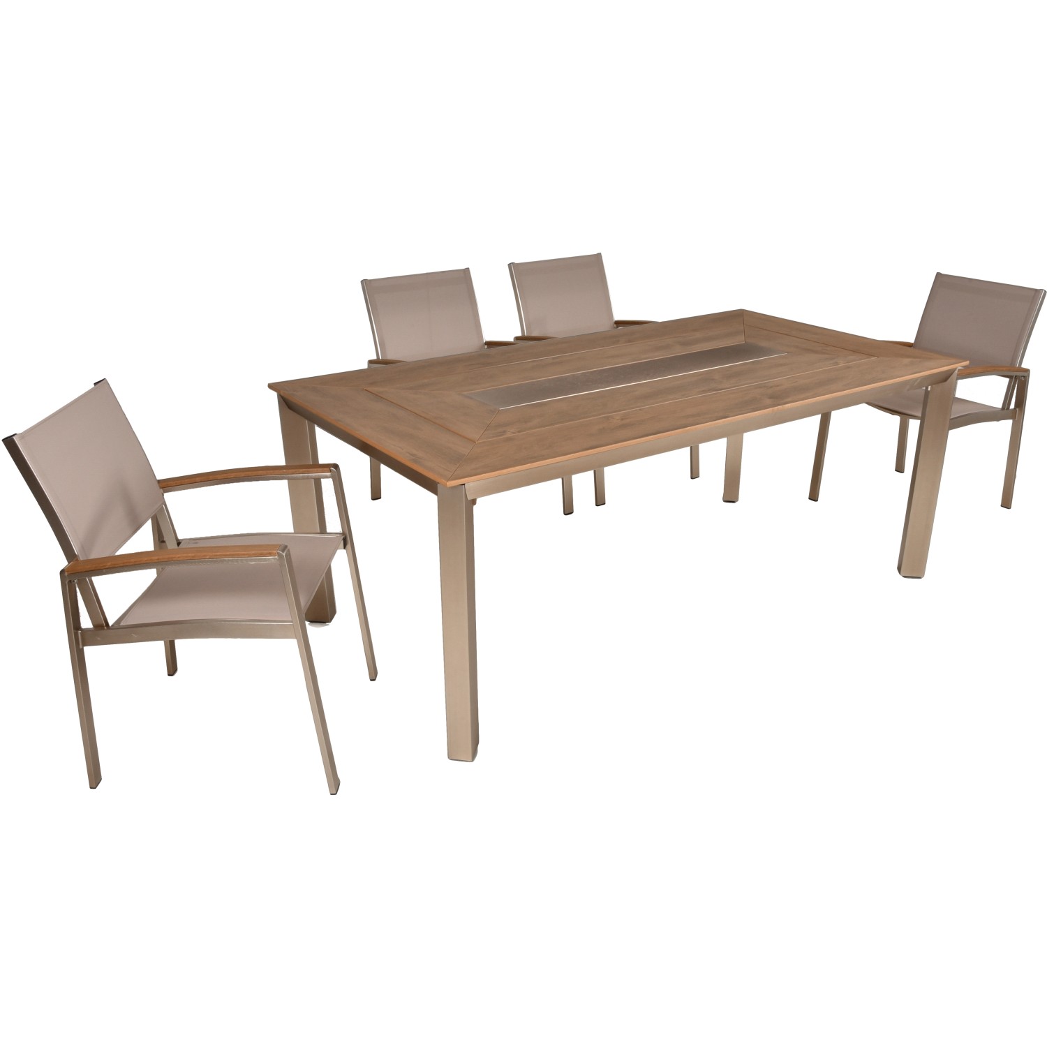 5-teiliges Gartenmöbel-Set Florence champagnerfarben mit Tisch und vier Stapelstühlen.