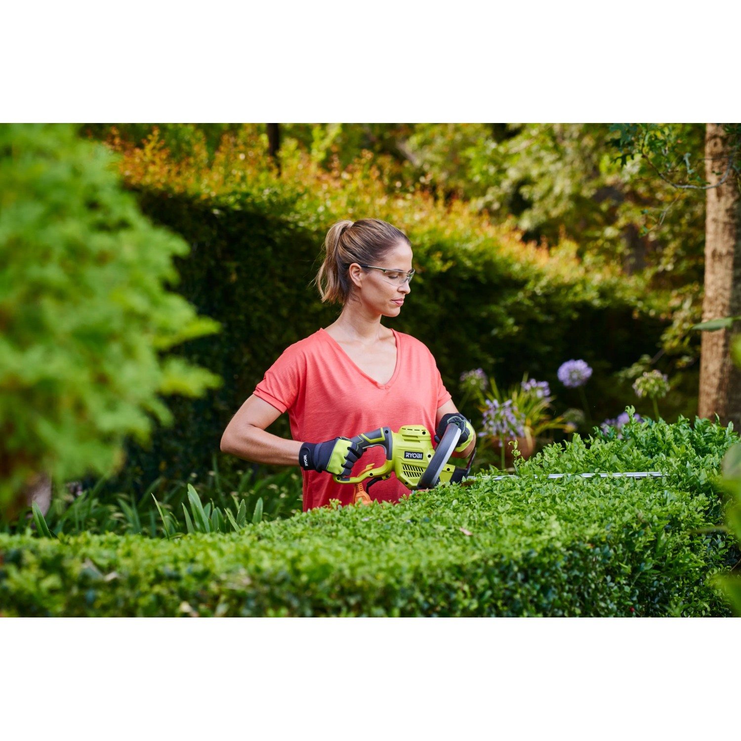 Frau schneidet Hecke mit Ryobi Elektro-Heckenschere RHT4550HS 50 cm.