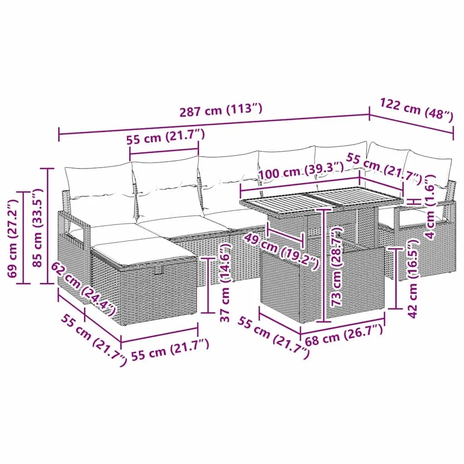 vidaXL Garten-Sofa-Set, 8-teilig, schwarz, Poly Rattan, mit Maßen. Ideal für Terrasse und Garten.