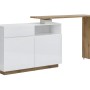 Modernes Barmöbel-Set Eldir in Weiß und hellem Naturholz, drehbarer Bartisch mit Schrank, Schublade und Türen.