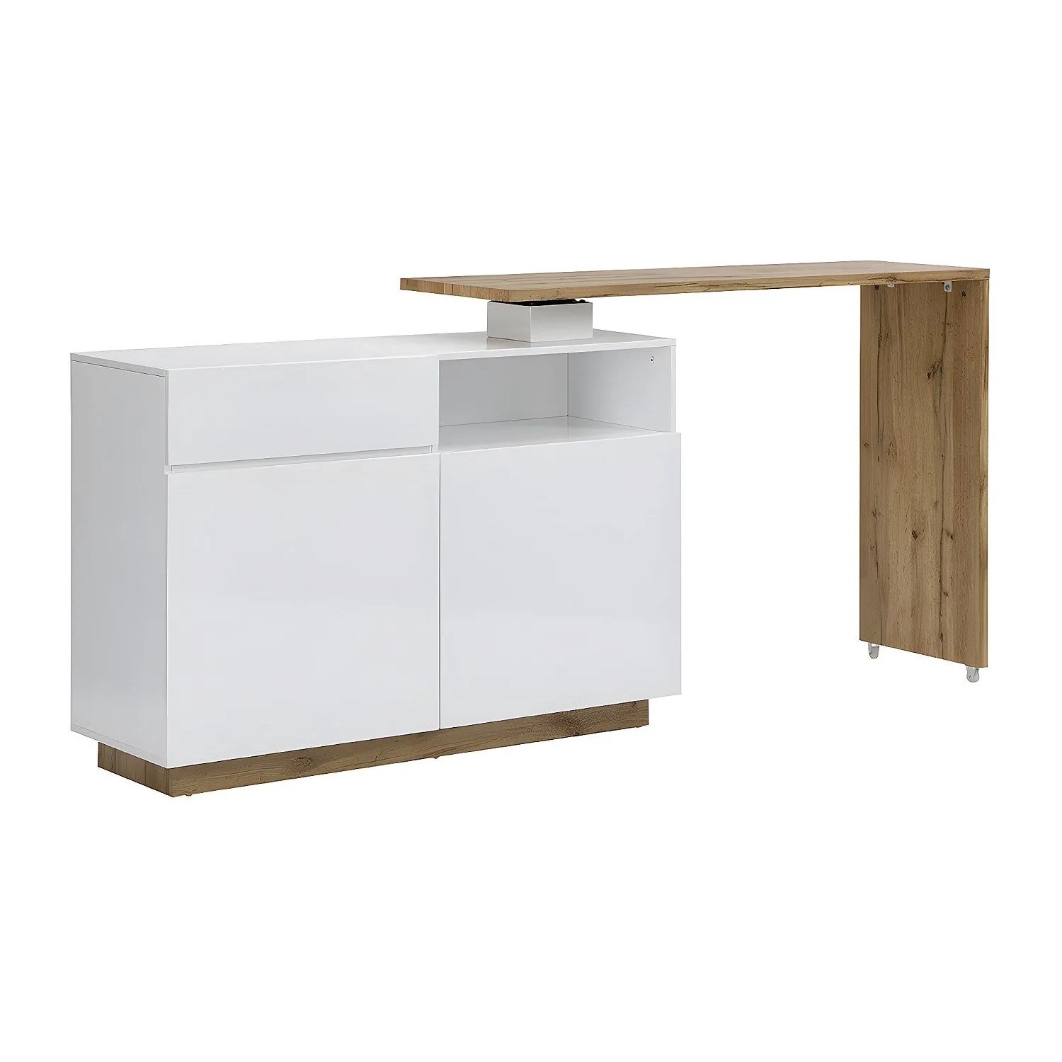 Modernes Barmöbel-Set Eldir in Weiß und hellem Naturholz, drehbarer Bartisch mit Schrank, Schublade und Türen.