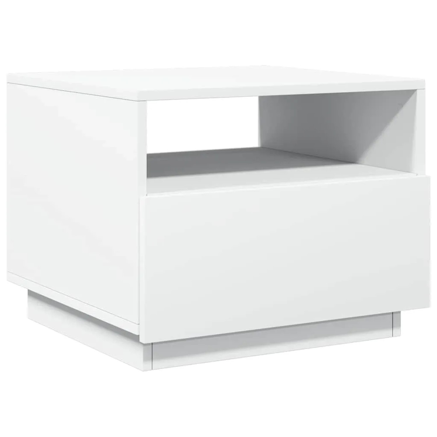 Weißer moderner Couchtisch aus Holzwerkstoff mit offenem Fach, Schublade und integrierten LED-Leuchten. Fürs Wohnzimmer.