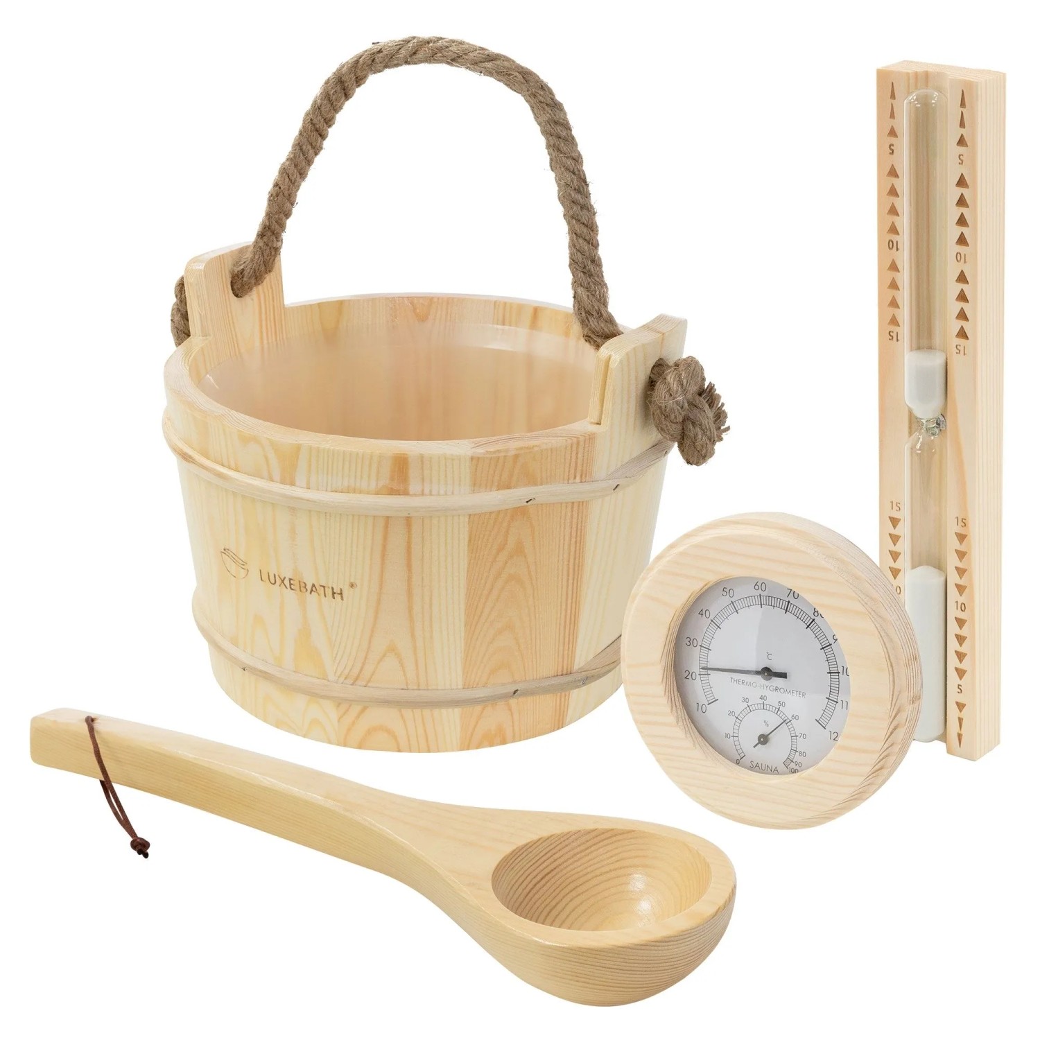 LuxeBath Saunazubehör Set 4 Teilig aus Holz Saunaeimer 4L Saunakelle Thermometer-Hygrometer Sanduhr