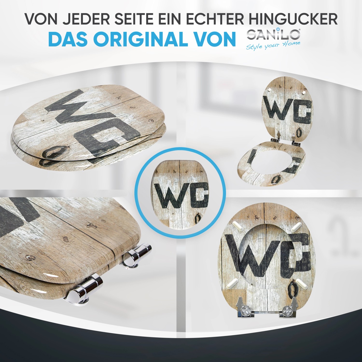 Sanilo WC-Sitz Old Style aus Holz mit Absenkautomatik, verschiedene Ansichten.