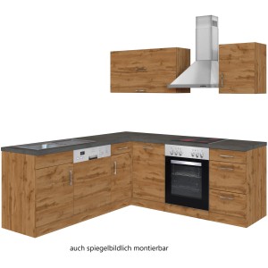 Moderne Winkelküche Sorrento in Wotaneiche-Optik mit E-Geräten und Edelstahl-Dunstabzugshaube.