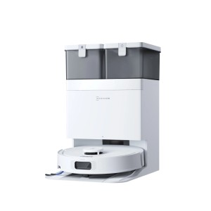 Weißer ECOVACS DEEBOT T30e OMNI Saug- & Wischroboter in seiner All-in-One OMNI-Station. Moderner Staubsauger.