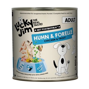 Lucky Jim Hunde-Nassfutter Adult Huhn & Forelle, 800g Dose. Alleinfutter für ausgewachsene Hunde.