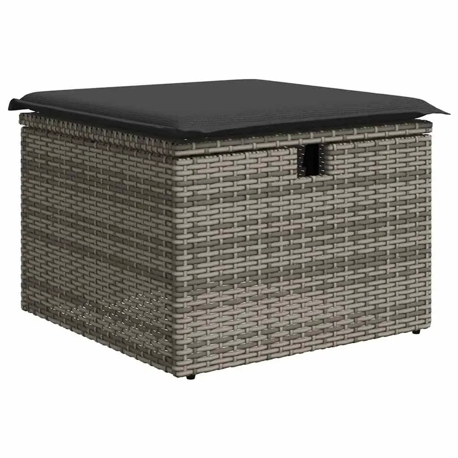 Grauer vidaXL Gartenmöbel-Fußhocker aus Rattan mit schwarzem Kissen und Stauraum.