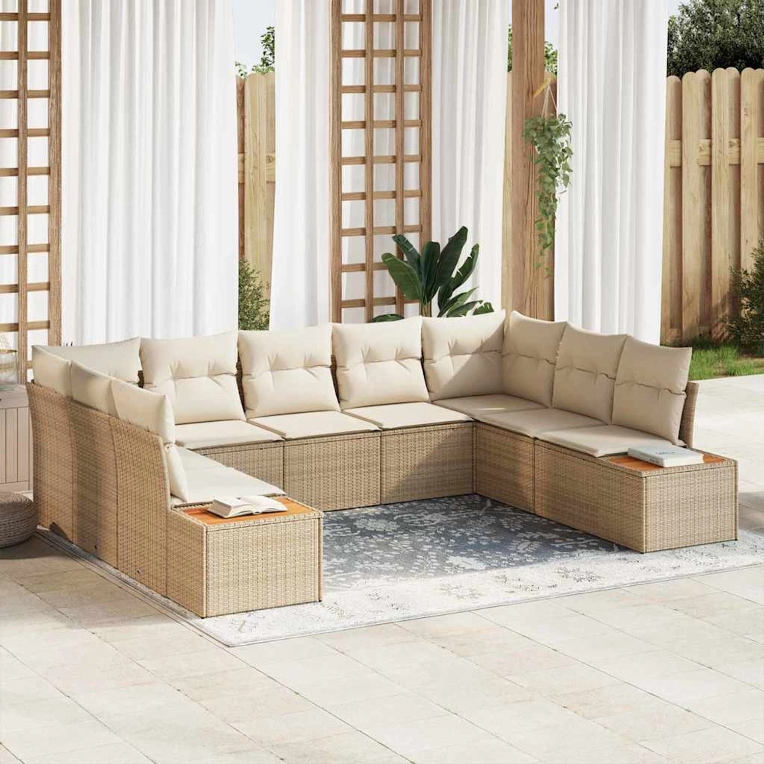 vidaXL 9-Teiliges Garten-Sofaset mit Kissen in Beige Poly Rattan und Akazie günstig online kaufen