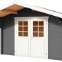 Lasita Holz-Gartenhaus Viljandi 34 in Carbongrau mit Anbaudach und Doppeltür.