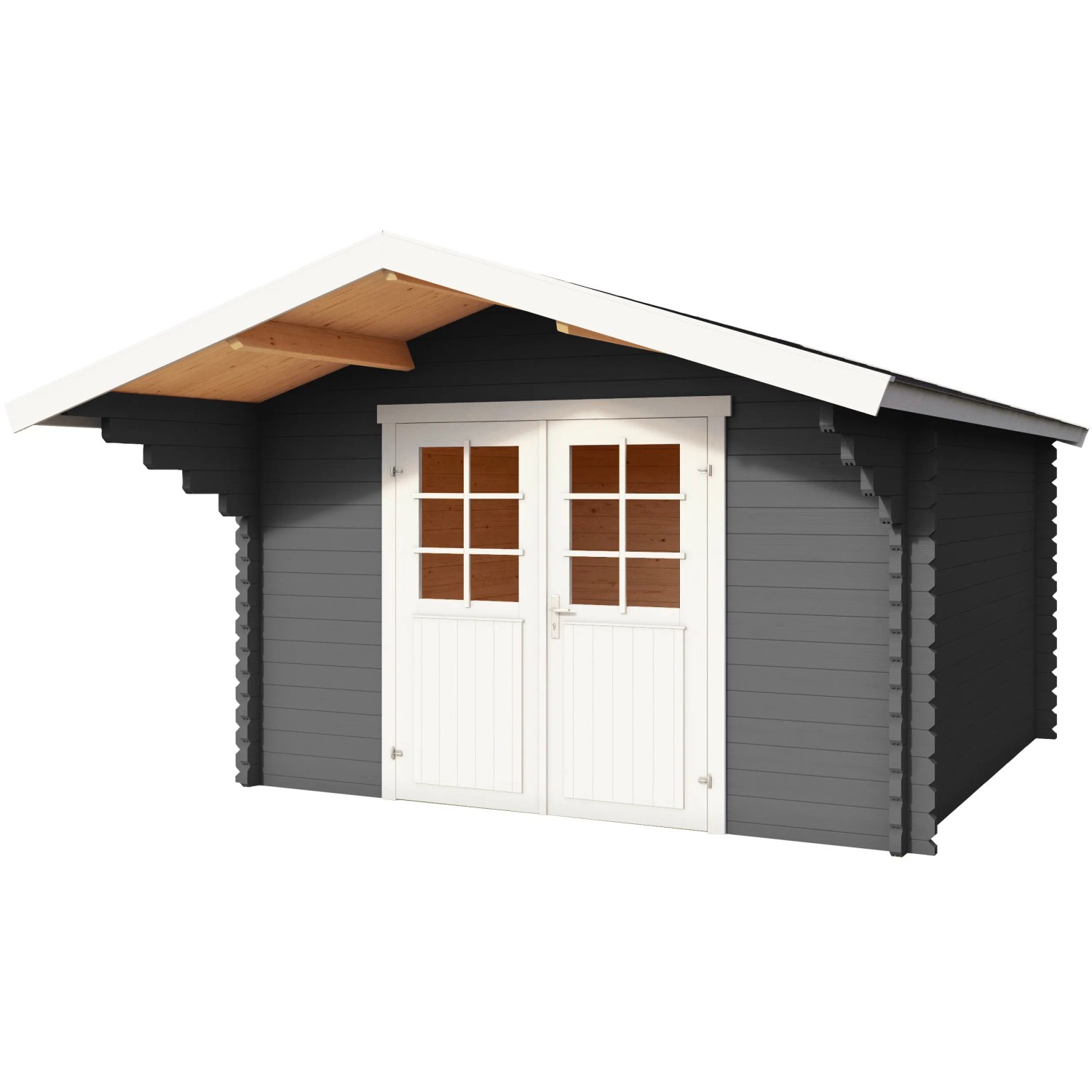 Lasita Holz-Gartenhaus Viljandi 34 in Carbongrau mit Anbaudach und Doppeltür.