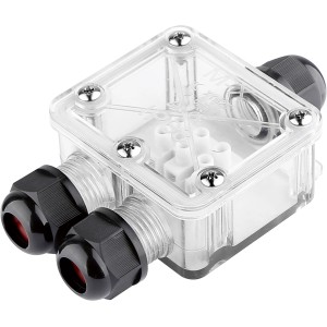 Wasserdichter Stecker IP68, 3x0,75-2,5mm², transparentes Gehäuse mit schwarzen Kabelverschraubungen.