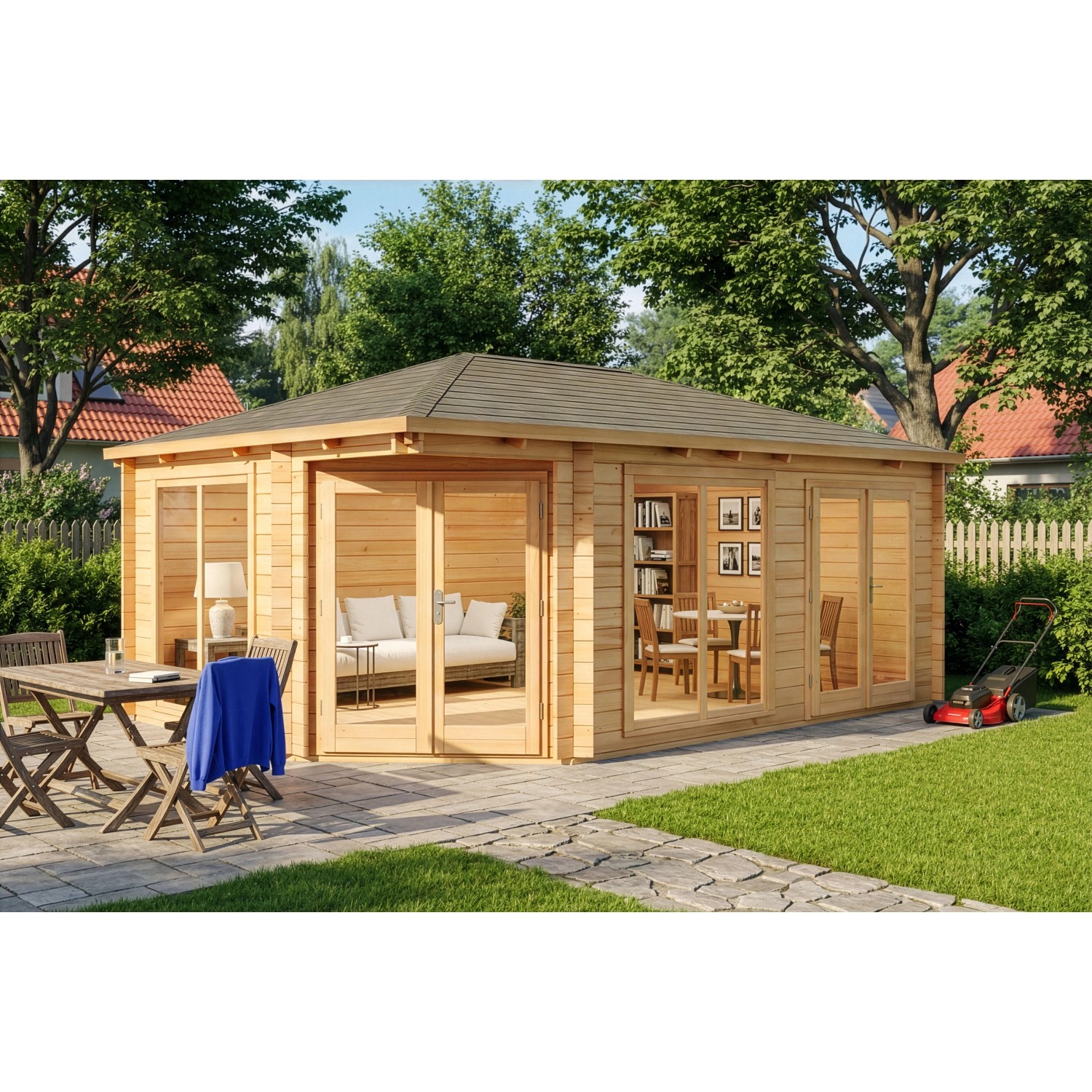 Alpholz 5-Eck Holz-Gartenhaus Julia 598x410cm Naturbelassen 34mm Wandstärke