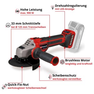 Einhell Akku-Winkelschleifer TP-AG 18/125: Kompakter Trennschleifer in Rot/Grau mit Zusatzhandgriff.