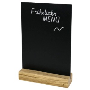 Schwarzer DIN A5 Kreidetafel Tischaufsteller mit Holzfuß, beschriftet mit "Frühstücks MENÜ". Für Büro & Gastronomie.