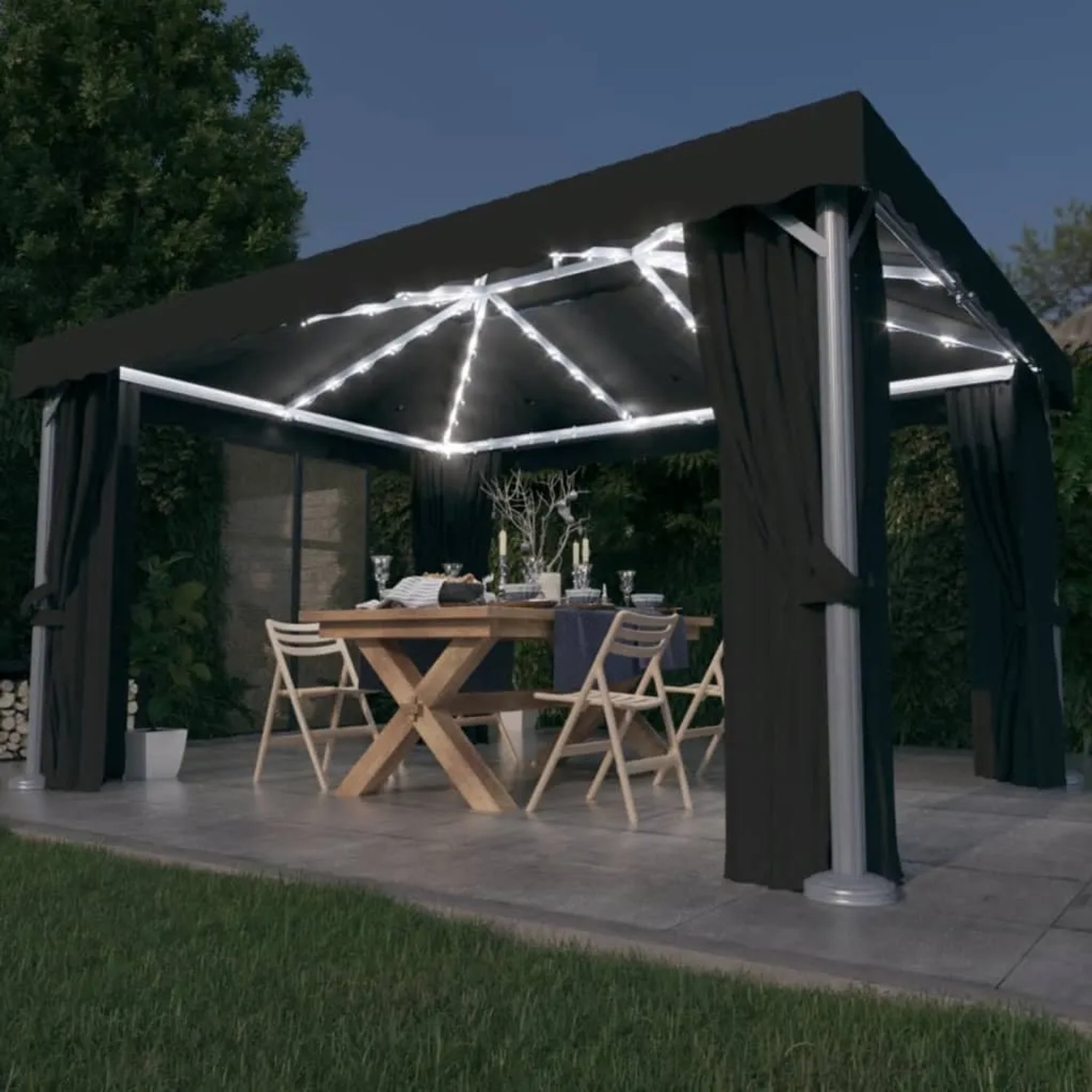 Anthrazitfarbener Pavillon (4x3 m) mit Vorhängen und LED-Lichterkette für Gartenpartys.