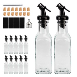 12er Set transparente Glas Ölflaschen mit schwarzen Ausgießern, Korken, Trichter und Etiketten für Küche & Gastronomie.