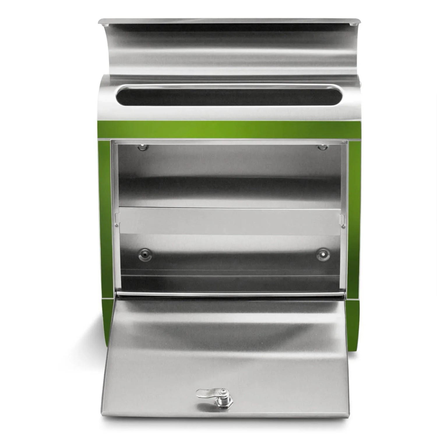 Offener Edelstahl Briefkasten mit Zeitungsfach und Vogel Motiv. Rostfreier Wandbriefkasten.