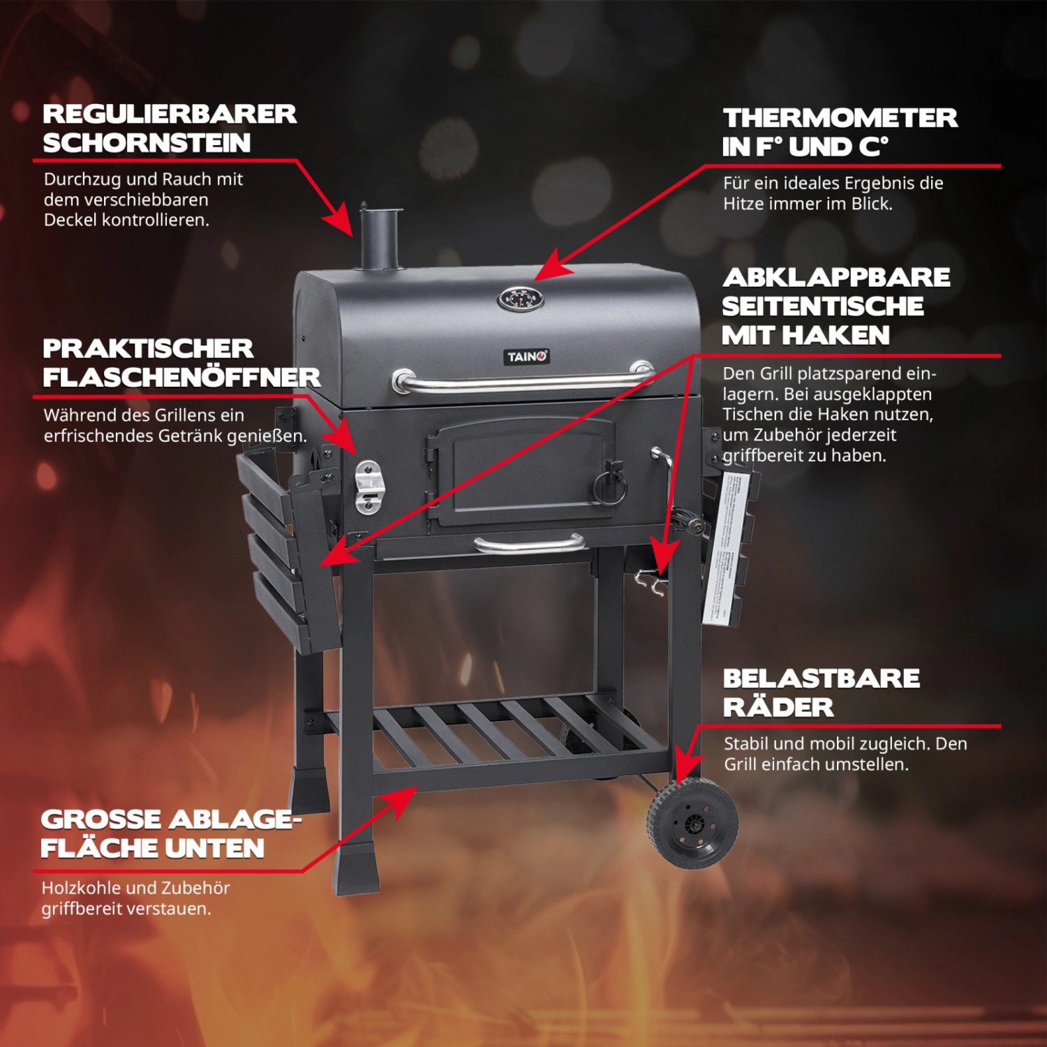 Taino Hero XL Holzkohlegrill BBQ Grillwagen Smoker mit Ablagen, Rädern und Thermometer.