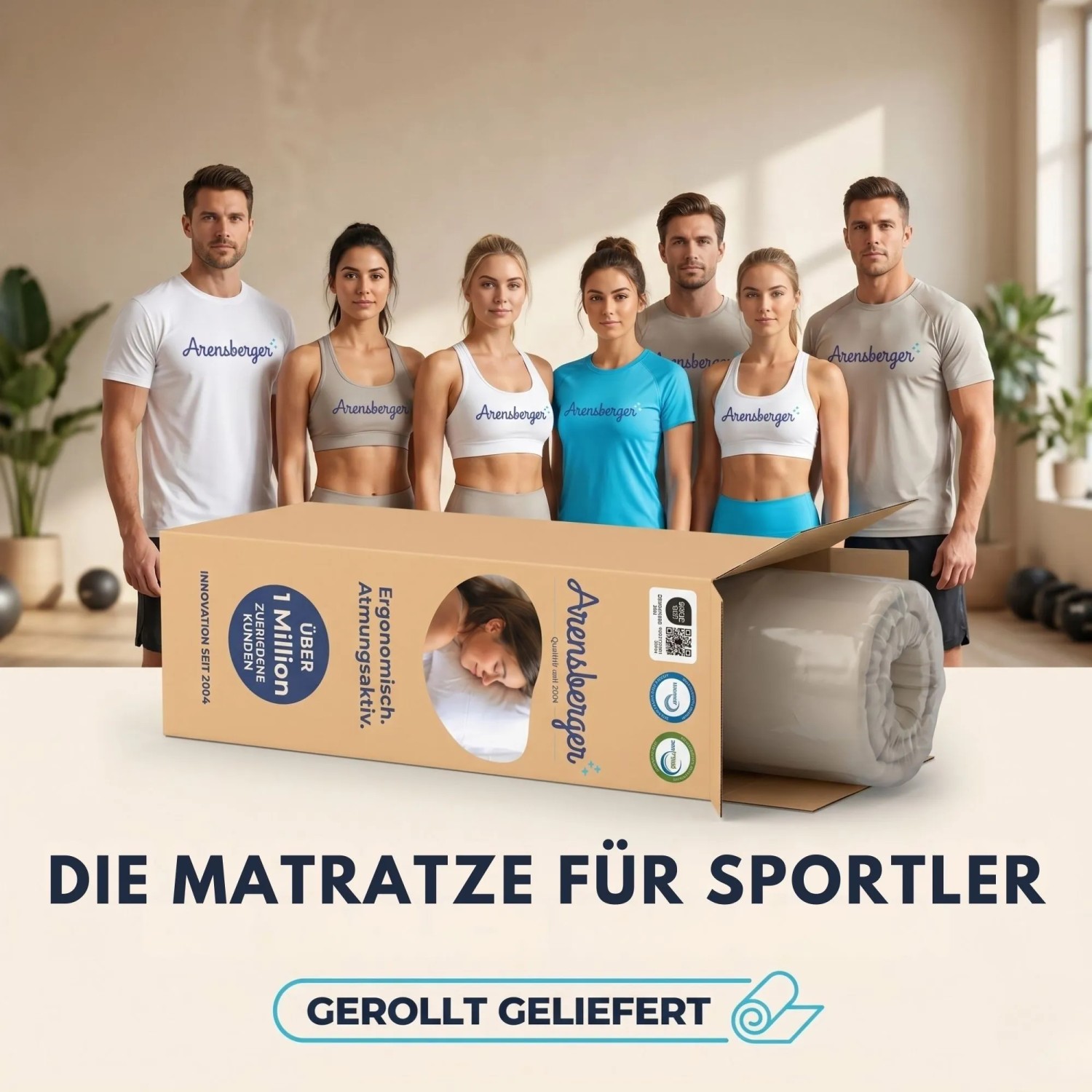 Arensberger Lena Taschenfederkernmatratze 140x200cm, gerollt im Karton, umgeben von Sportlern.