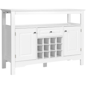 Weißes Sideboard mit Türen, Schublade, offenem Regal und integriertem Weinregal. Modernes Möbelstück für viel Stauraum.