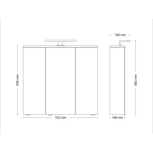 Technische Zeichnung: Jokey Spiegelschrank Arda LED, 72 cm breit, weiße Hochglanz-Oberfläche, Maße.