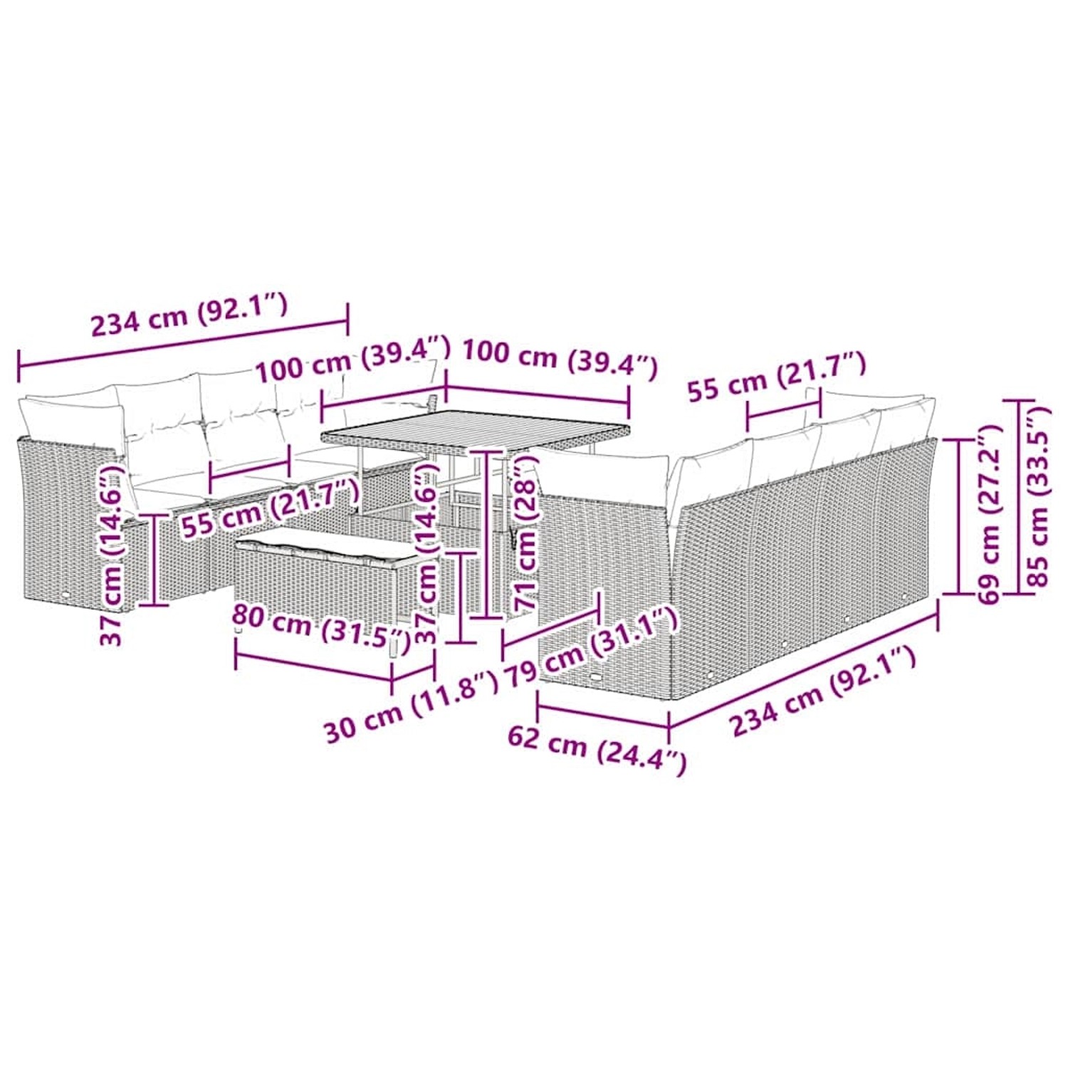 Graues 11-tlg. vidaXL Garten-Sofa-Set aus Poly Rattan mit Tisch und Hockern. Gartenmöbel für Terrasse und Garten.